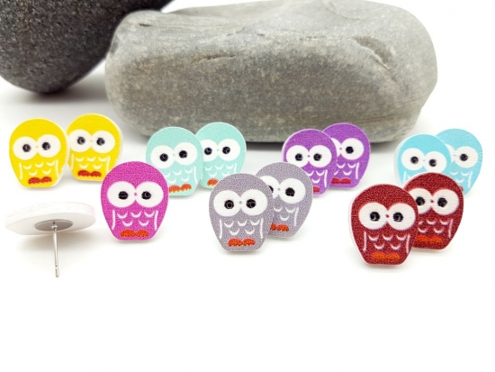 Preview: Eulen Knopf Ohrstecker Holz Button